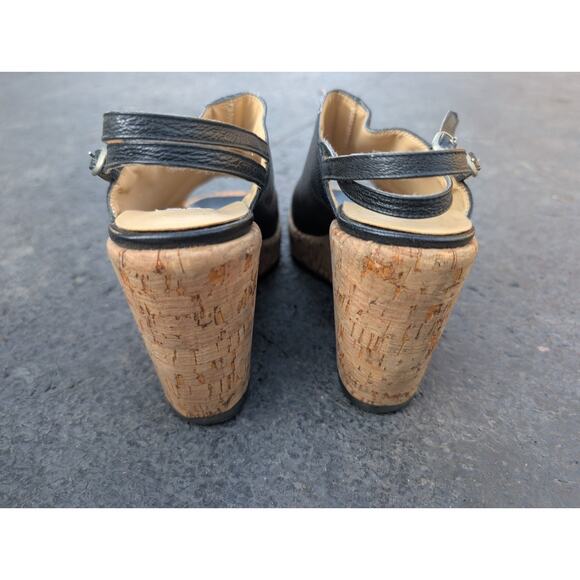 Nine West Womens Black Leather Slingback Platform Wedge Sandals Sz 7.5 B Cork - Picture 7 of 9